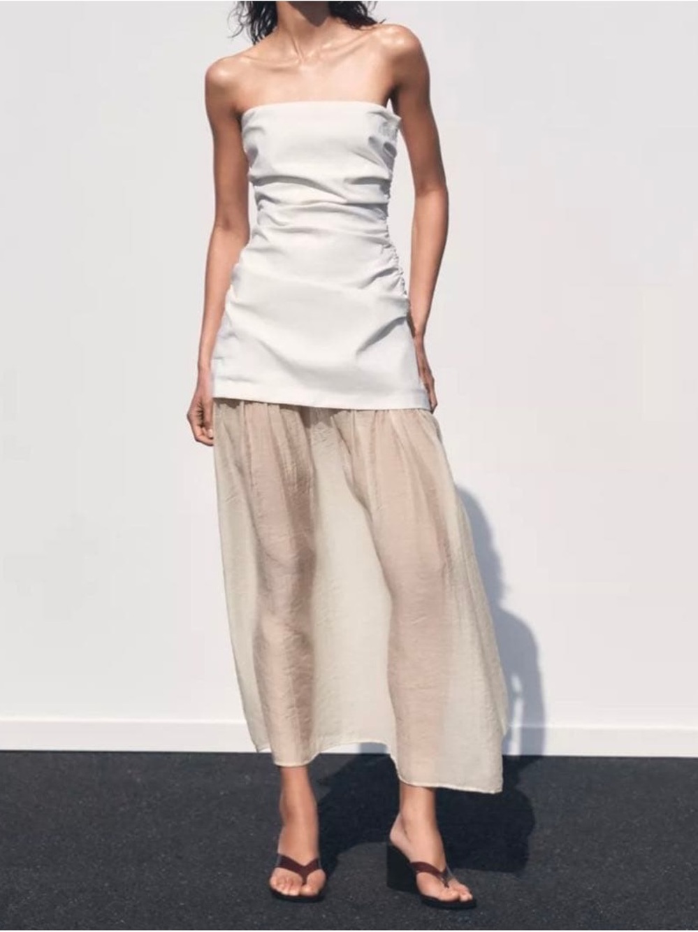 Zara Beige Strapless Sheer Maxi Dress